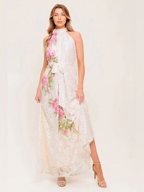 NWT ROSE GARDEN - IVORY LACE HALTER MAXI DRESS sz small